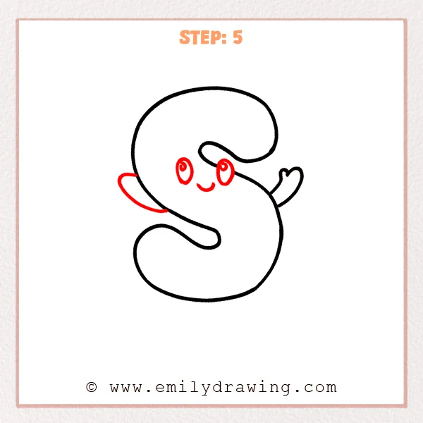 how to draw a bubble letter s - A bubble letter S now has a cute face with two big oval eyes and a small smile, plus a second arm added on the left side behind the letter.